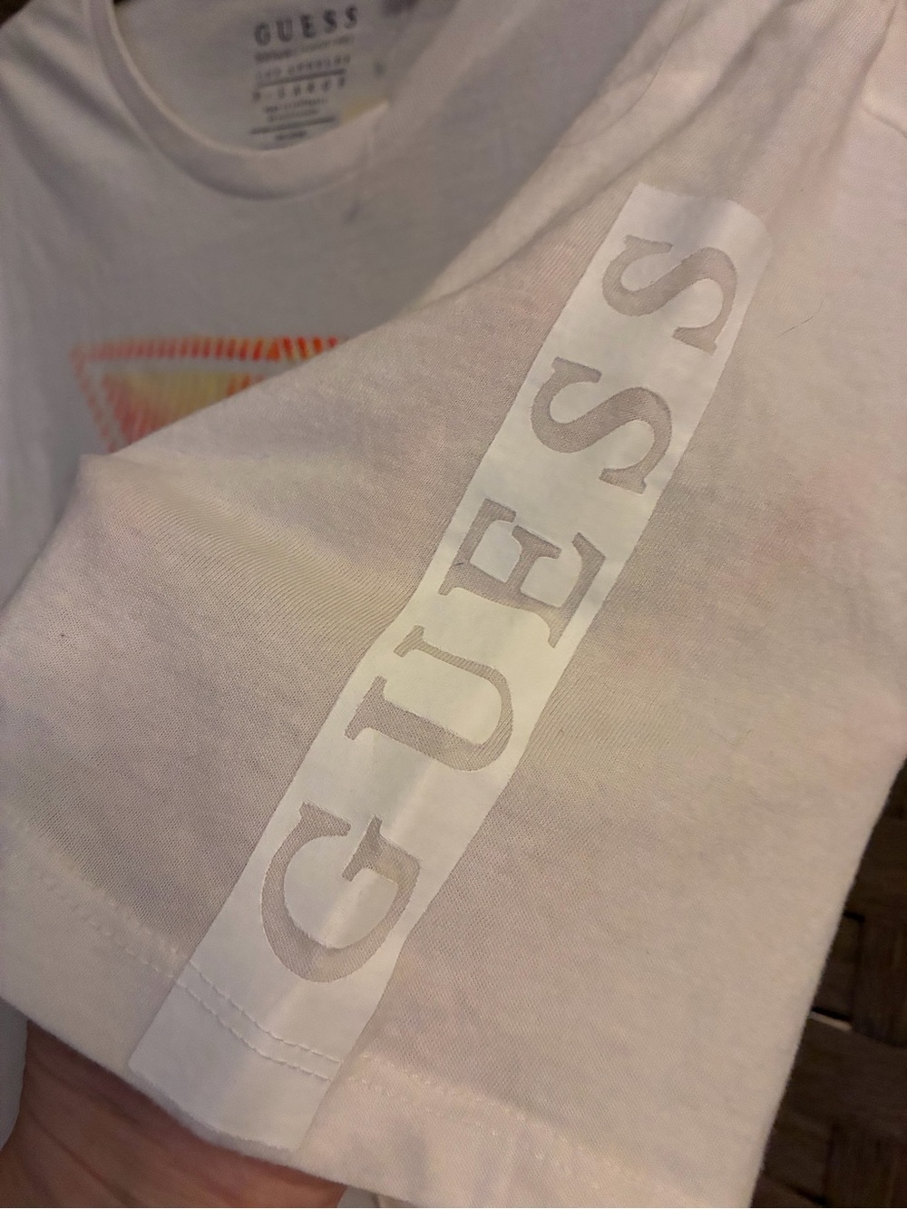 GUESS White Short-Sleeve Tee with Orange and Yellow Triangle Logo - Picture 3 of 3